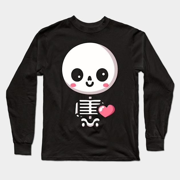 Cute Skeleton with a Heart | Cute Happy Halloween Skeleton Kawaii Design Long Sleeve T-Shirt by Nora Liak